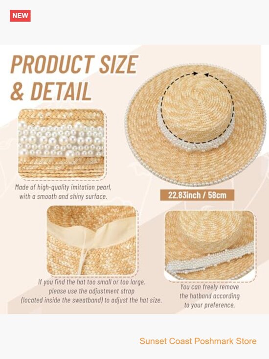 Wide Brim Sun Hat with Pearl Trim Straw Floppy Beach Hat for Bridal Shower